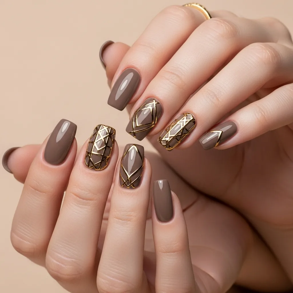 Warm Taupe with Gold Geometric Shapes