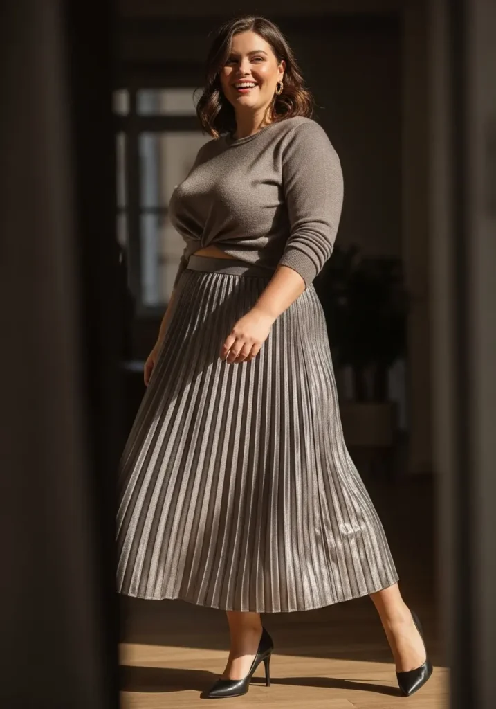 Pleated Metallic Skirt with Sweater