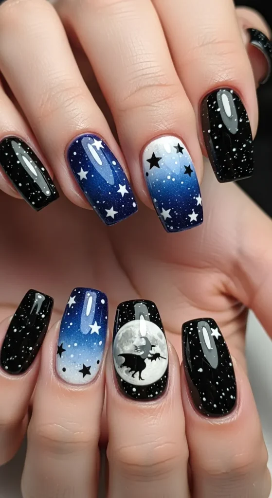 Starry Night with Witch Silhouette