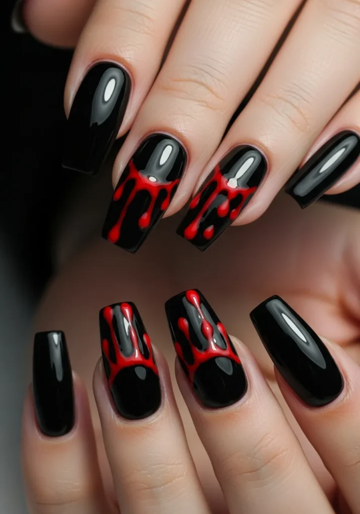 Glossy Black Coffin Nails with Blood Drips