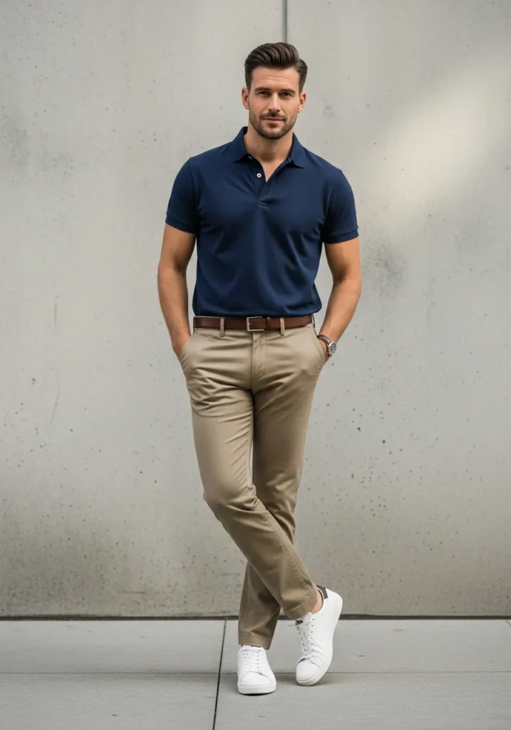 Chino trousers, too, are equally versatile.