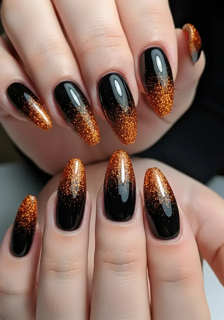 Black Ombré with Orange Glitter Tips