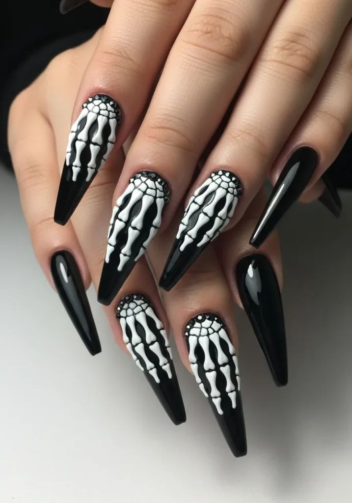 Black Stiletto Nails with 3D Skeleton Hands