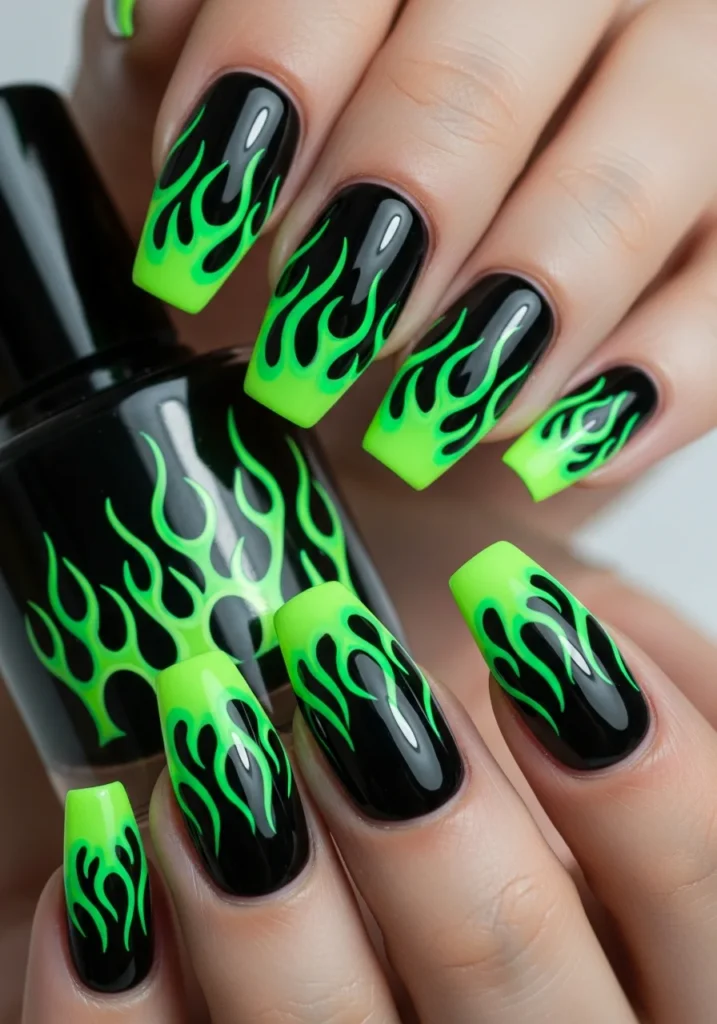 Black Base with Neon Green Flame Tips