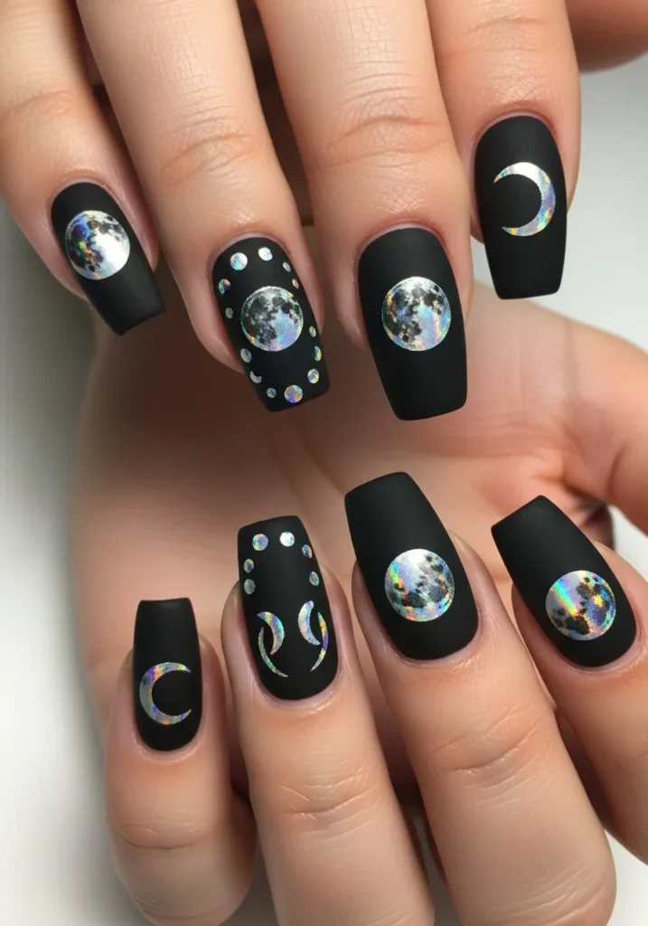 Black Nails with Holographic Moon Phases