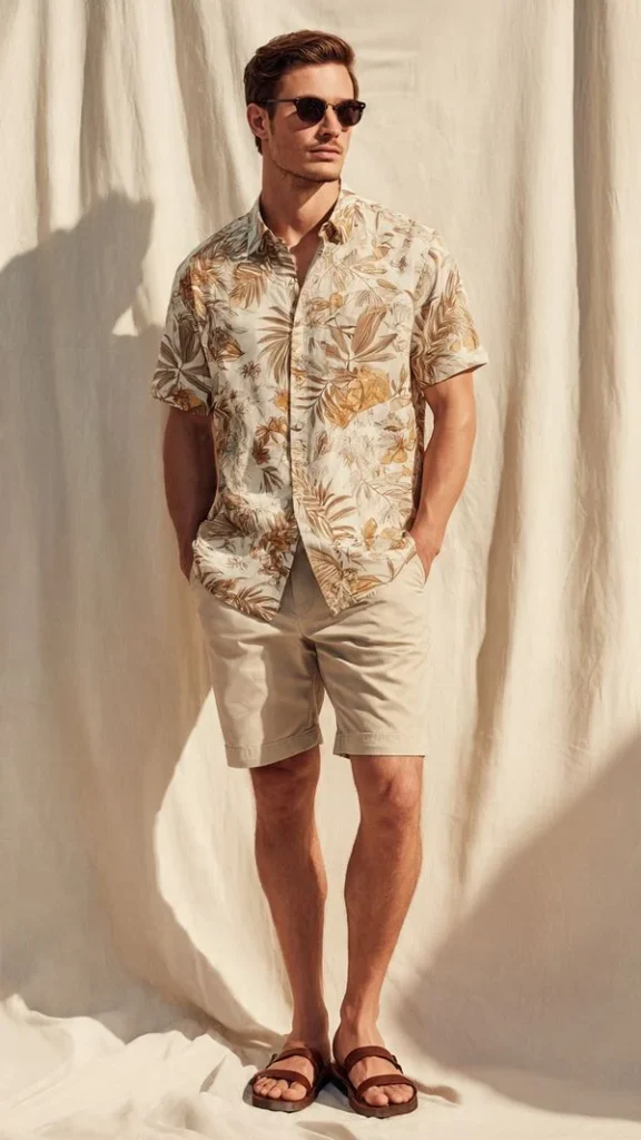  Hawaiian Print Shirt and Neutral Shorts