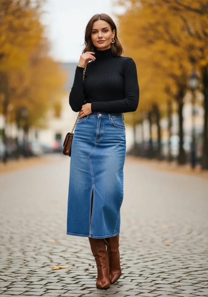  Turtleneck and Denim Skirt