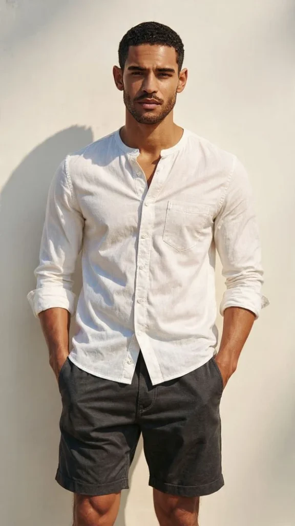 Henley Shirt and Dark Shorts