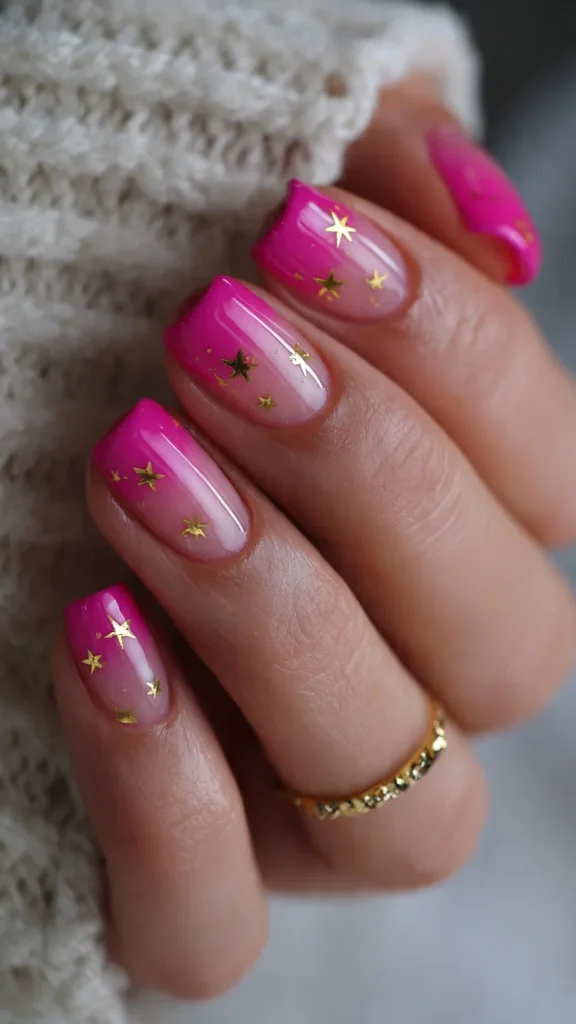 Neon Pink Tips with Gold Stars